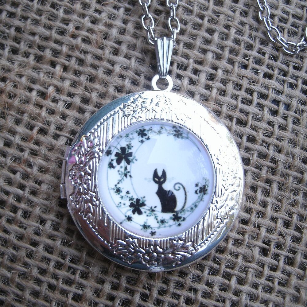 Black Cat on Clover Moon Locket Pendant Necklace